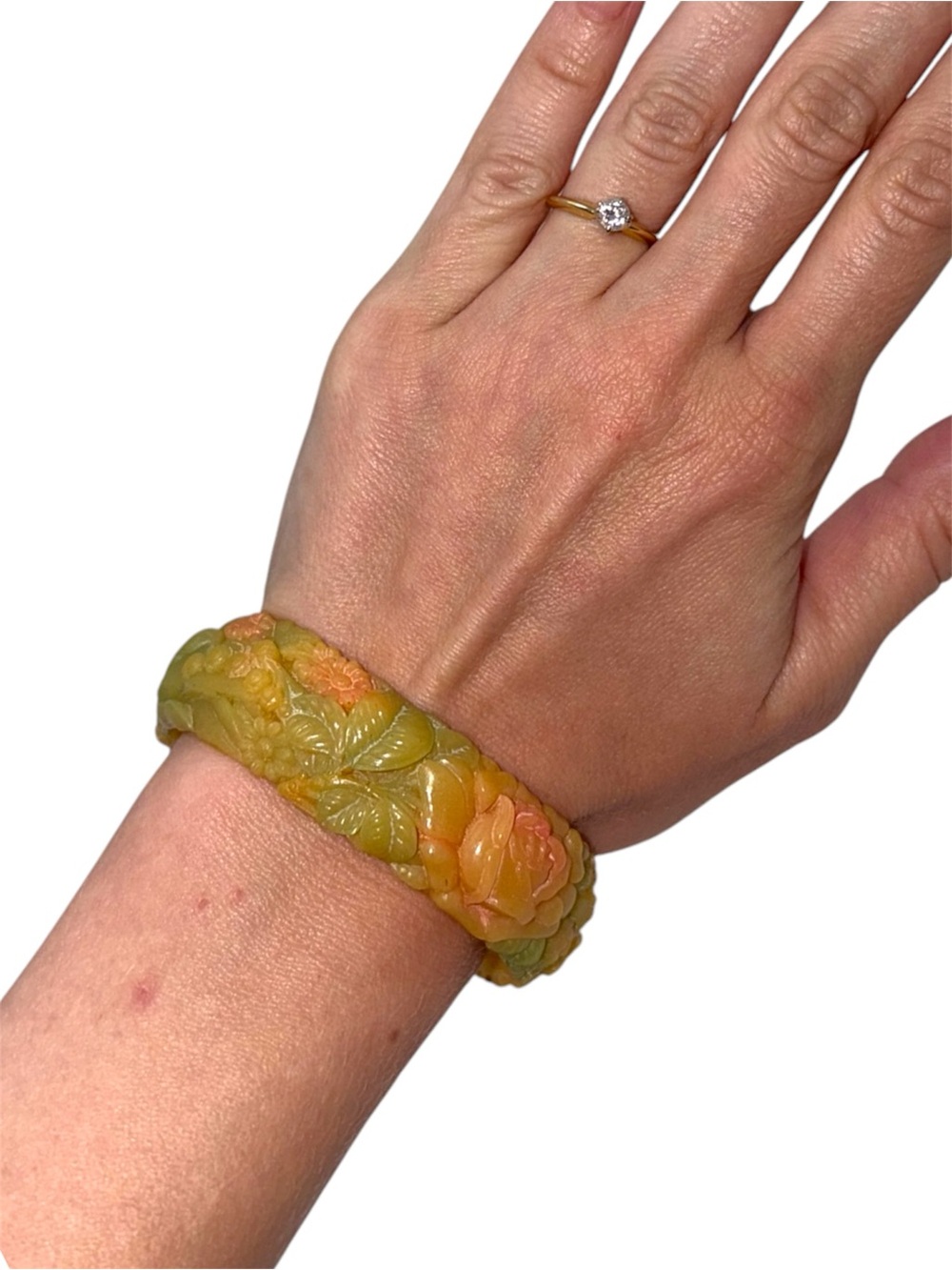 Vintage Carved Floral Celluloid Bangle Bracelet Old Hollywood Coquette Jewelry